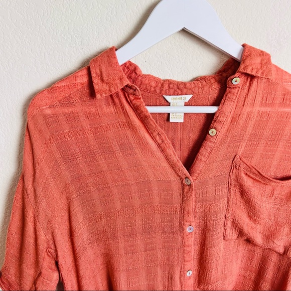 Orange Rust Check Self-Tie Short Sleeve Button Down Blouse - Picture 3 of 8